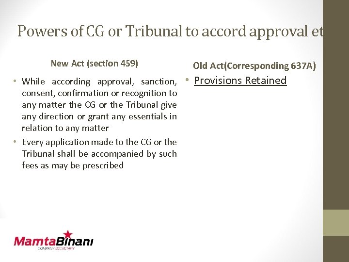 Powers of CG or Tribunal to accord approval etc New Act (section 459) Old
