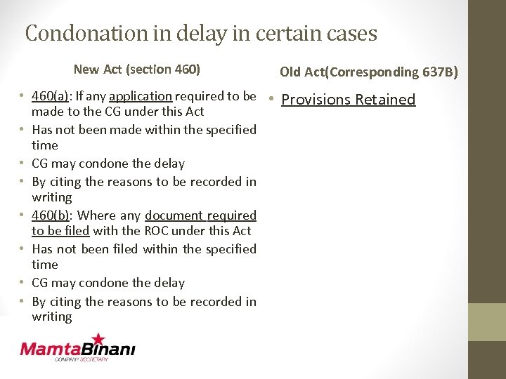 Condonation in delay in certain cases New Act (section 460) Old Act(Corresponding 637 B)