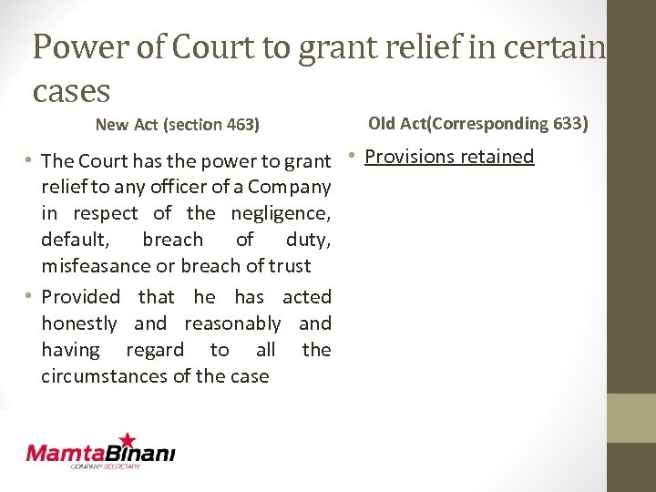Power of Court to grant relief in certain cases New Act (section 463) Old