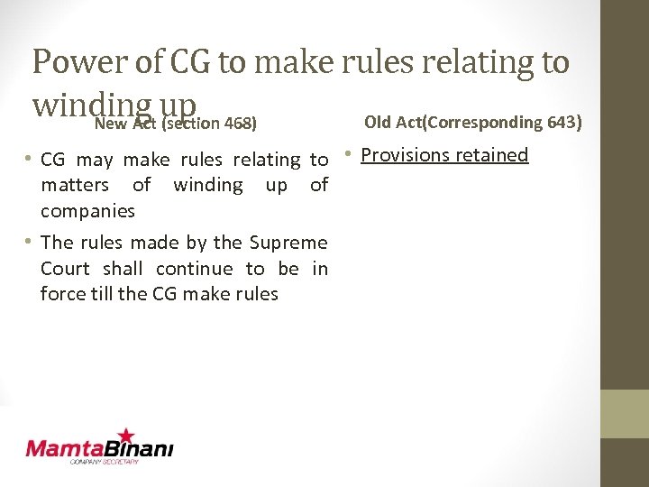 Power of CG to make rules relating to winding up 468) Old Act(Corresponding 643)