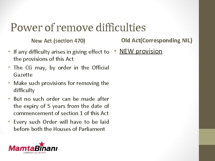 Power of remove difficulties New Act (section 470) Old Act(Corresponding NIL) • If any