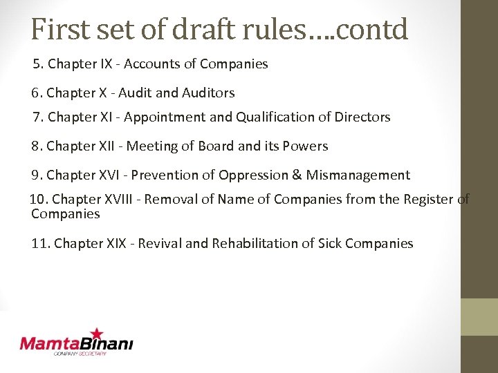 First set of draft rules…. contd 5. Chapter IX - Accounts of Companies 6.