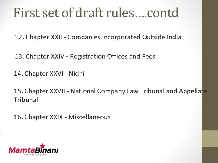 First set of draft rules…. contd 12. Chapter XXII - Companies Incorporated Outside India