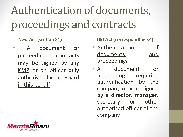 Authentication of documents, proceedings and contracts New Act (section 21) • A document or