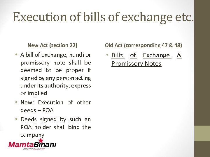 Execution of bills of exchange etc. New Act (section 22) Old Act (corresponding 47