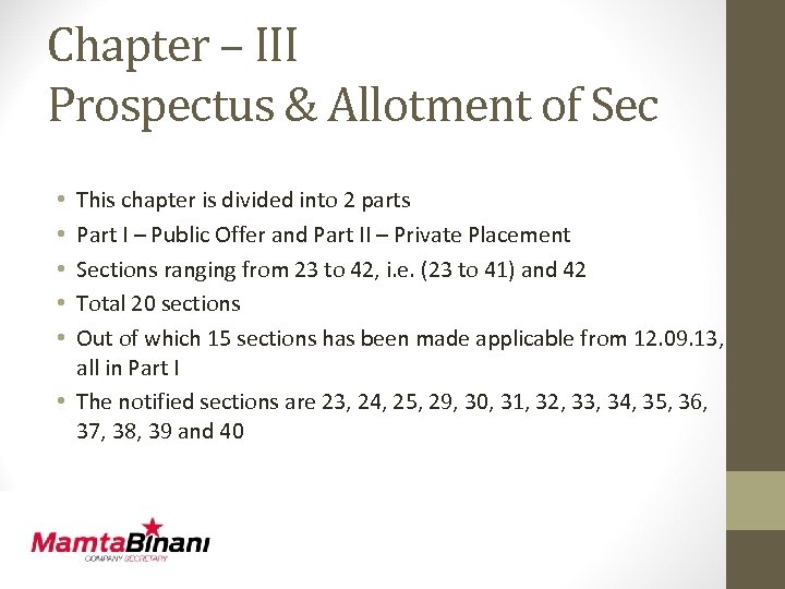 Chapter – III Prospectus & Allotment of Sec This chapter is divided into 2