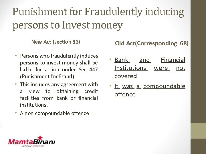 Punishment for Fraudulently inducing persons to Invest money New Act (section 36) • Persons