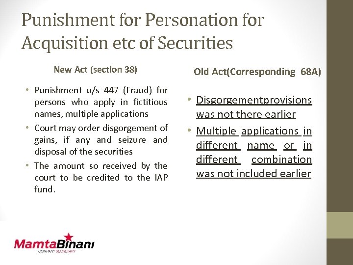Punishment for Personation for Acquisition etc of Securities New Act (section 38) • Punishment