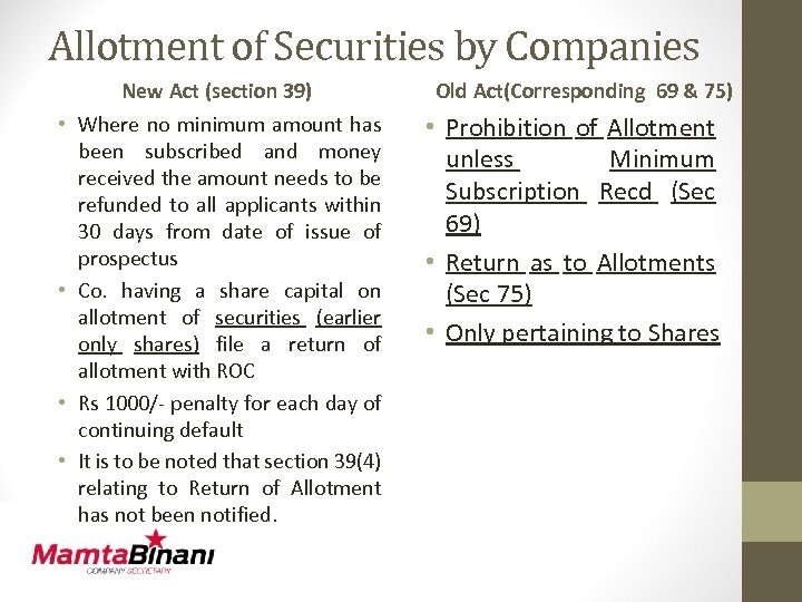 Allotment of Securities by Companies • • New Act (section 39) Where no minimum