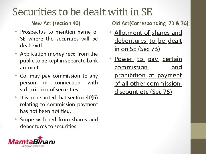 Securities to be dealt with in SE • • • New Act (section 40)
