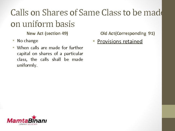 Calls on Shares of Same Class to be made on uniform basis New Act