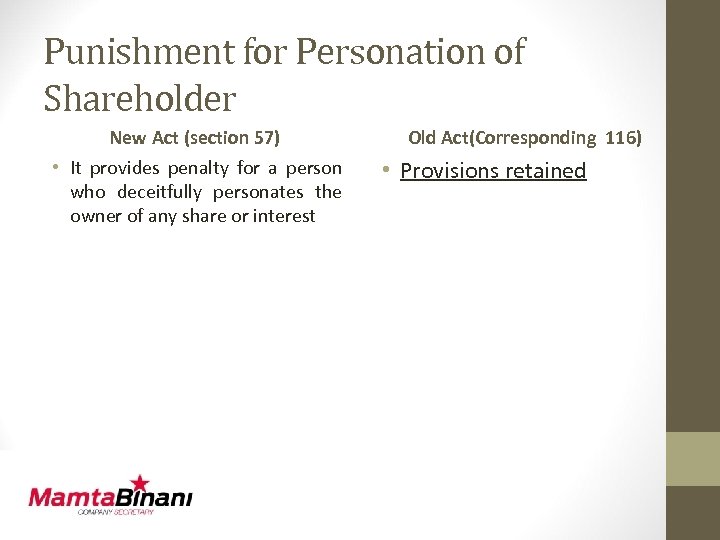 Punishment for Personation of Shareholder New Act (section 57) • It provides penalty for