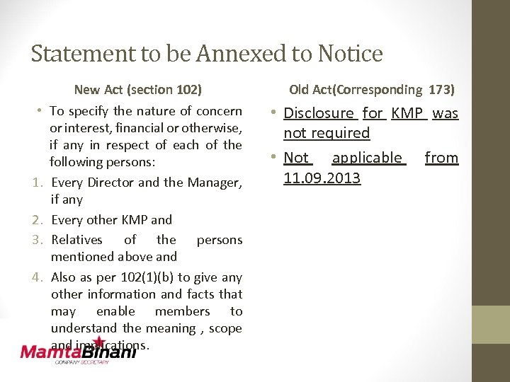 Statement to be Annexed to Notice • 1. 2. 3. 4. New Act (section