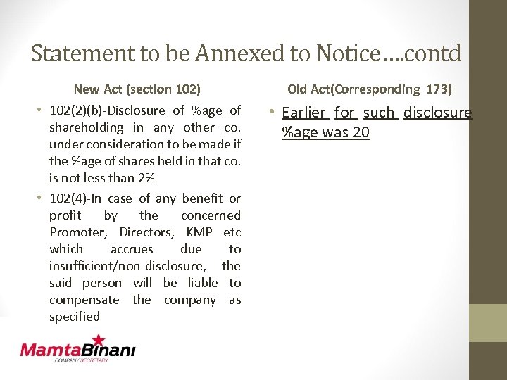 Statement to be Annexed to Notice…. contd New Act (section 102) • 102(2)(b)-Disclosure of