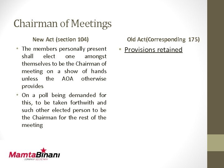 Chairman of Meetings New Act (section 104) • The members personally present shall elect