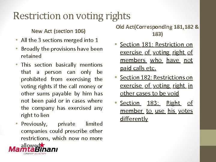 Restriction on voting rights • • New Act (section 106) All the 3 sections