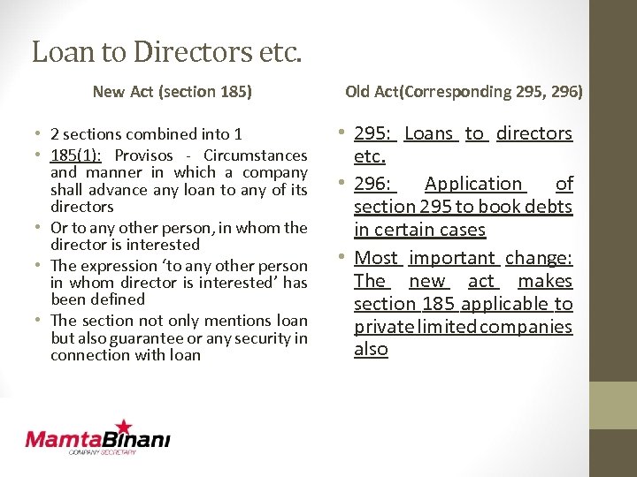 Loan to Directors etc. New Act (section 185) • 2 sections combined into 1