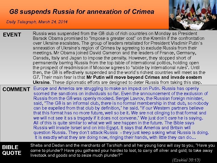 G 8 suspends Russia for annexation of Crimea Daily Telegraph, March 24, 2014 EVENT