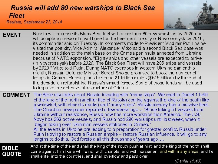 Russia will add 80 new warships to Black Sea Fleet Reuters, September 23, 2014