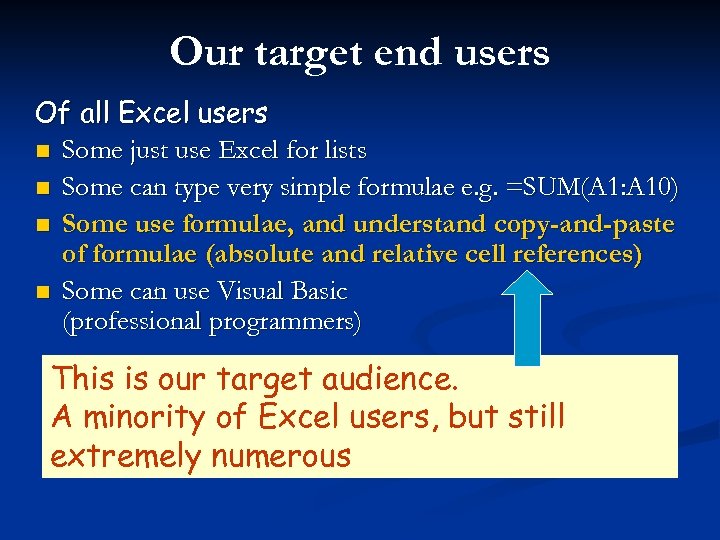 Our target end users Of all Excel users n Some just use Excel for