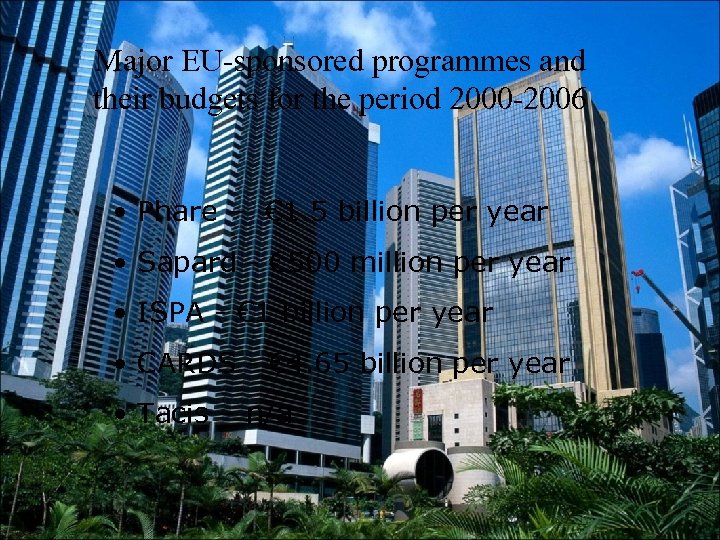Major EU-sponsored programmes and their budgets for the period 2000 -2006 • Phare –