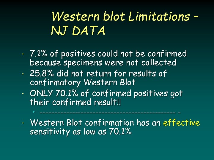 Western blot Limitations – NJ DATA • • • 7. 1% of positives could