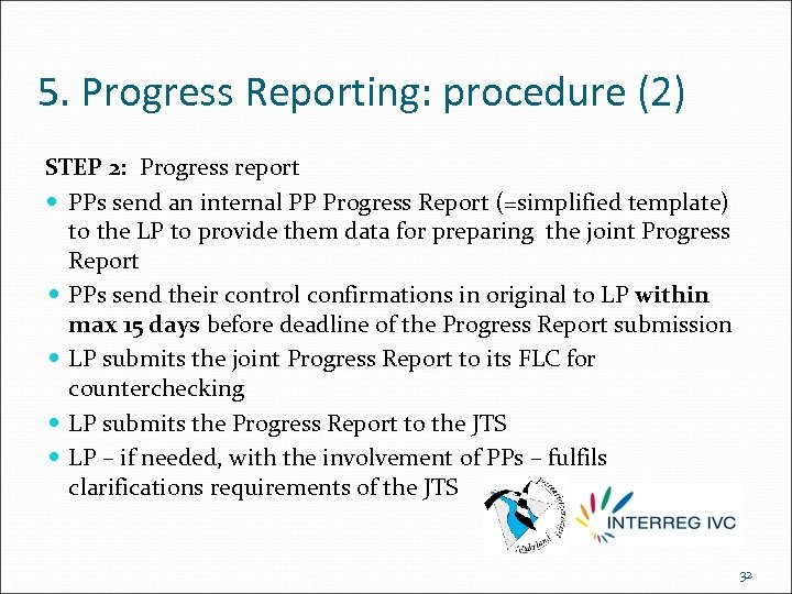 5. Progress Reporting: procedure (2) STEP 2: Progress report PPs send an internal PP