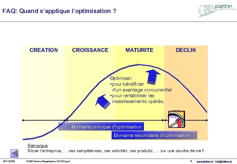 FAQ: Quand s’applique l’optimisation ? CREATION CROISSANCE MATURITE DECLIN Optimiser: • pour bénéficier d’un