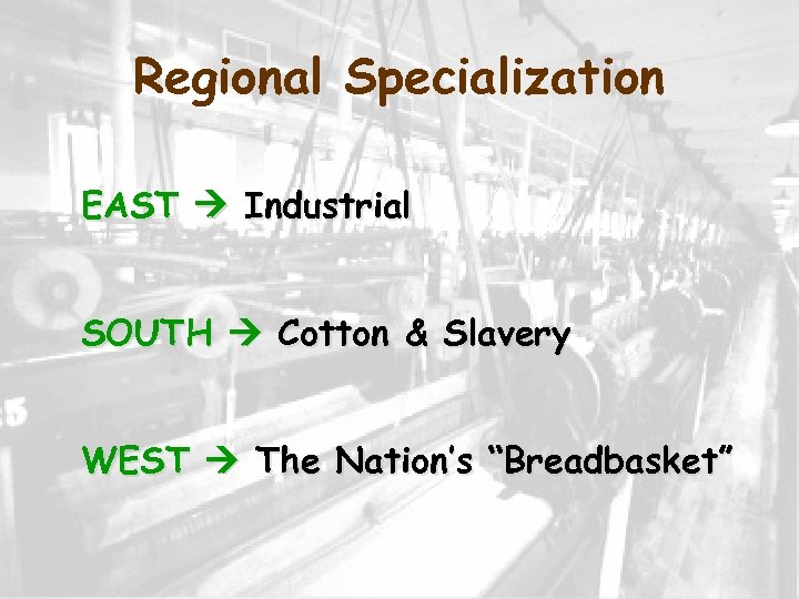 Regional Specialization EAST Industrial SOUTH Cotton & Slavery WEST The Nation’s “Breadbasket” 