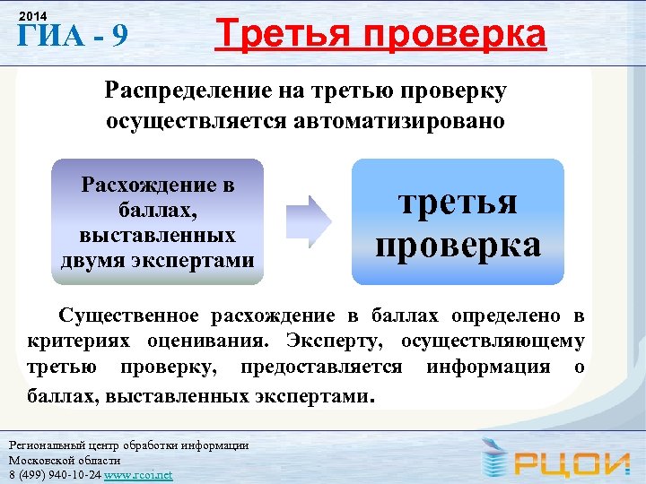 2014 ГИА - 9 Третья проверка Распределение на третью проверку осуществляется автоматизировано Расхождение в