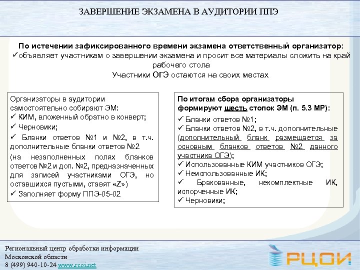 ЗАВЕРШЕНИЕ ЭКЗАМЕНА В АУДИТОРИИ ППЭ По истечении зафиксированного времени экзамена ответственный организатор: üобъявляет участникам