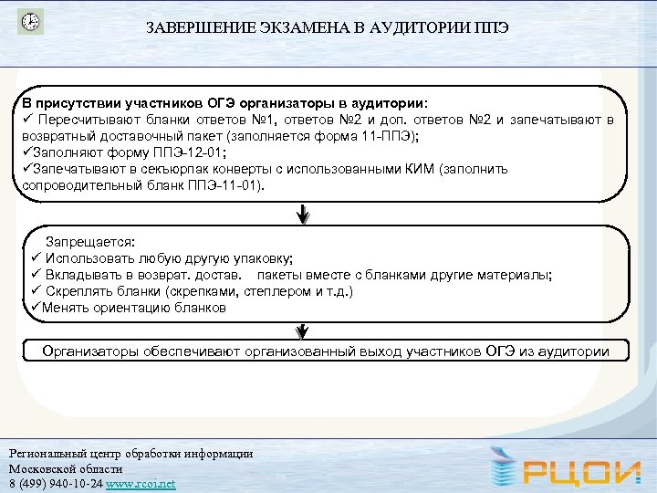 ЗАВЕРШЕНИЕ ЭКЗАМЕНА В АУДИТОРИИ ППЭ В присутствии участников ОГЭ организаторы в аудитории: ü Пересчитывают