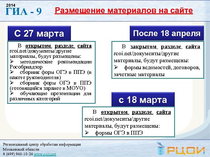 2014 ГИА - 9 Размещение материалов на сайте С 27 марта После 18 апреля