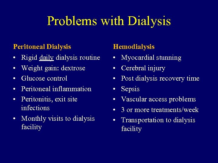 Problems with Dialysis Peritoneal Dialysis Hemodialysis • • • Rigid daily dialysis routine Weight