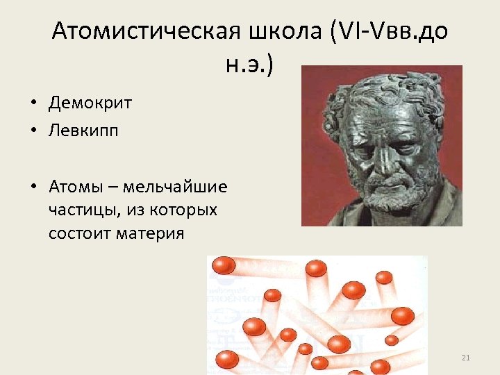 Атомистическая школа (VI-Vвв. до н. э. ) • Демокрит • Левкипп • Атомы –