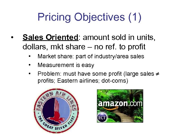 Pricing Objectives (1) • Sales Oriented: amount sold in units, dollars, mkt share –