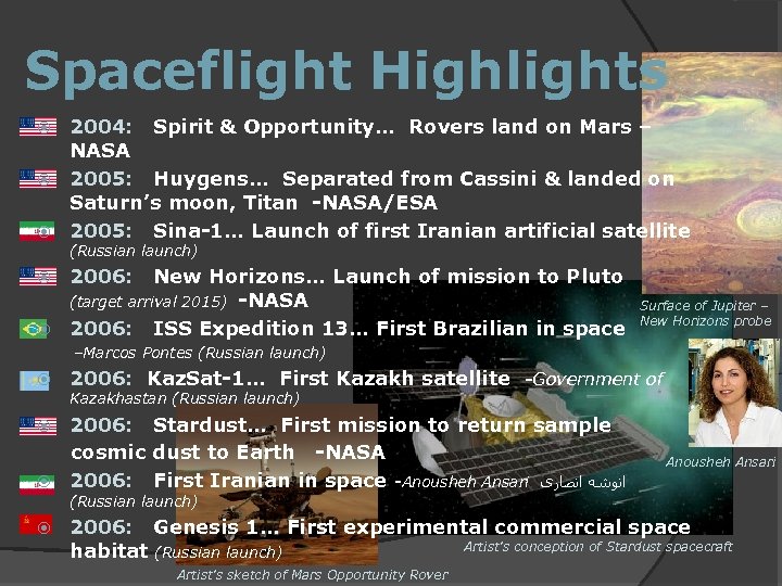 Spaceflight Highlights 2004: Spirit & Opportunity… Rovers land on Mars – NASA 2005: Huygens…