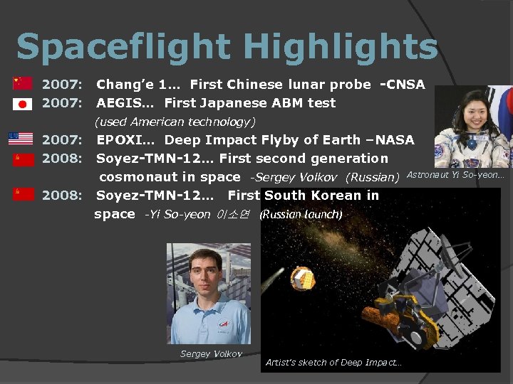 Spaceflight Highlights 2007: Chang’e 1… First Chinese lunar probe -CNSA AEGIS… First Japanese ABM