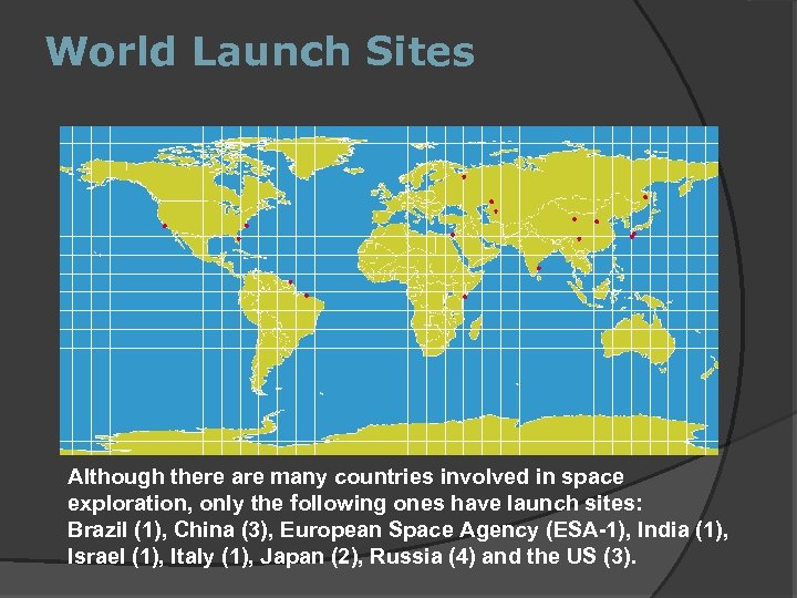 World Launch Sites Although there are many countries involved in space exploration, only the