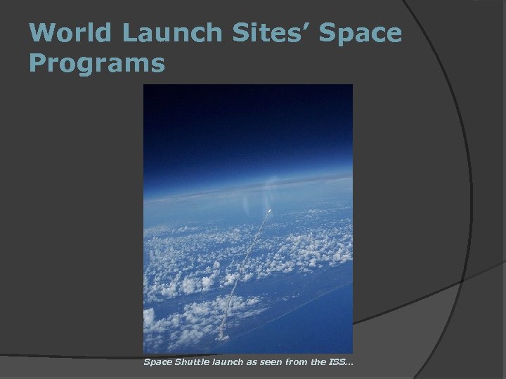 World Launch Sites’ Space Programs Space Shuttle launch as seen from the ISS… 