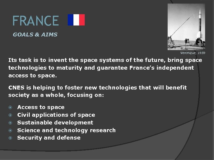 FRANCE GOALS & AIMS Veronique, 1959 Its task is to invent the space systems