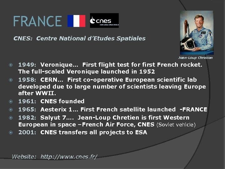 FRANCE CNES: Centre National d’Etudes Spatiales Jean-Loup Chretien 1949: Veronique… First flight test for