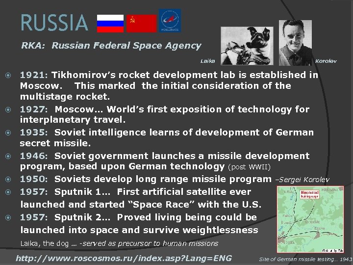 RUSSIA RKA: Russian Federal Space Agency Laika Korolev 1921: Tikhomirov’s rocket development lab is