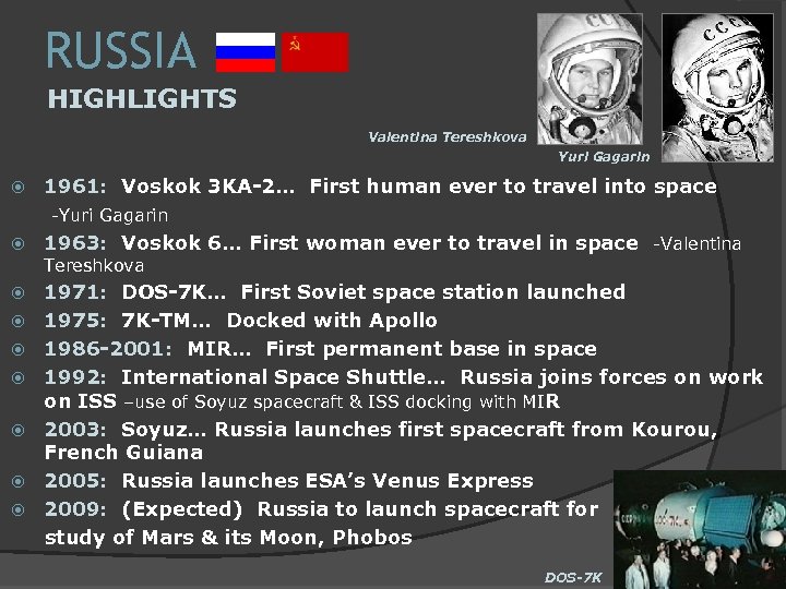RUSSIA HIGHLIGHTS Valentina Tereshkova Yuri Gagarin 1961: Voskok 3 KA-2… First human ever to