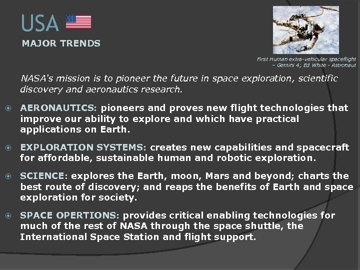 USA MAJOR TRENDS First Human extra-vehicular spaceflight – Gemini 4; Ed White - Astronaut