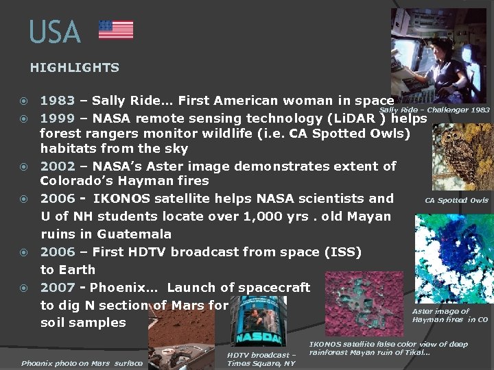 USA HIGHLIGHTS 1983 – Sally Ride… First American woman in space Sally Ride –