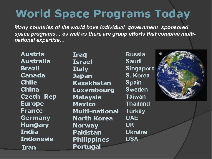 World Space Programs Today Many countries of the world have individual government -sponsored space