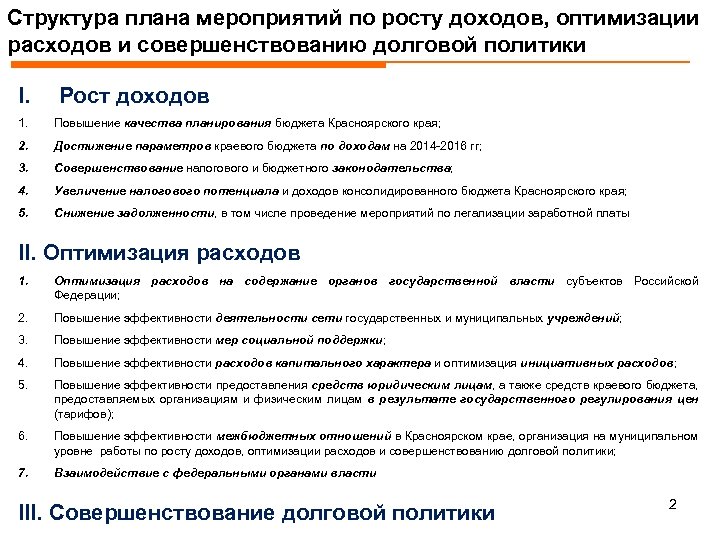 План мероприятий по росту доходов оптимизации расходов и совершенствованию долговой по