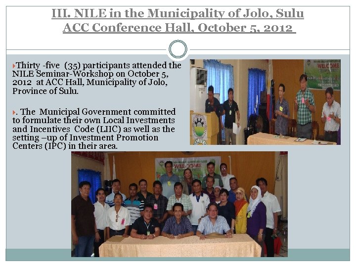 III. NILE in the Municipality of Jolo, Sulu ACC Conference Hall, October 5, 2012