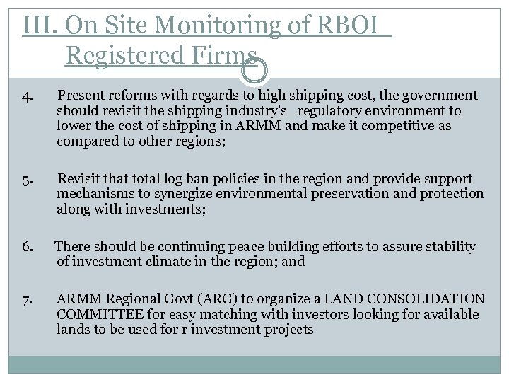 III. On Site Monitoring of RBOI Registered Firms 4. Present reforms with regards to